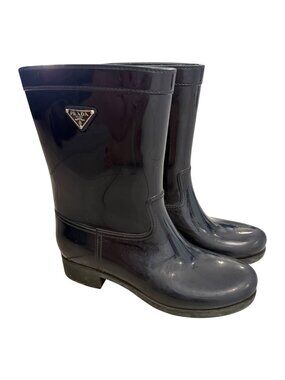 Prada Milano Navy Blue Rubber Rain Boots Womens Sz 41 Designer Waterproof Scuffs
